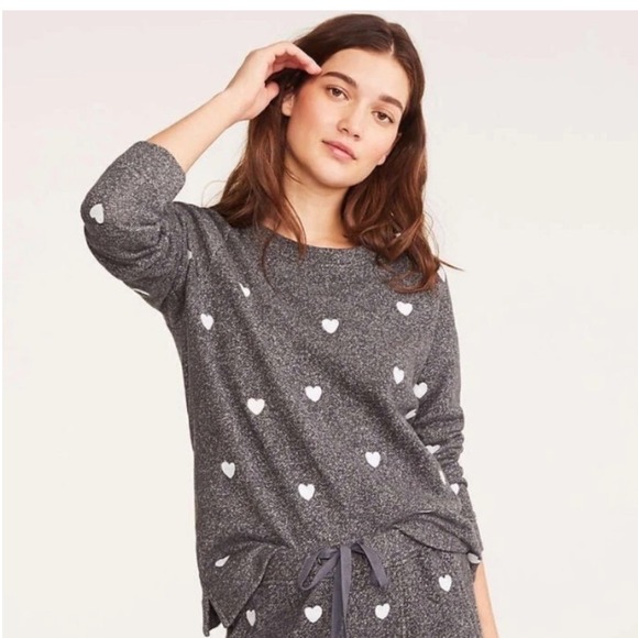 Lou & Grey for LOFT Cotton Terry Sweatshirt Heart Print Pullover Knit Gray Large - Picture 1 of 9